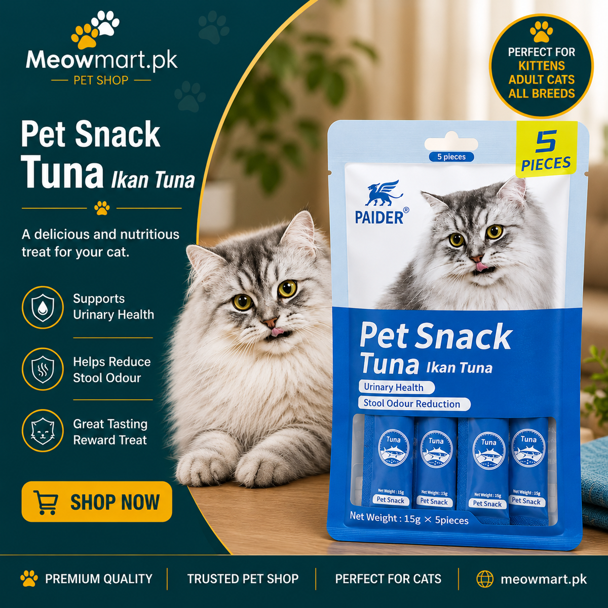 PAIDER Pet Snack Tuna Flavor – Creamy Lickable Cat Treats | Urinary Health & Stool Odour Reduction (15g x 5 Pieces)