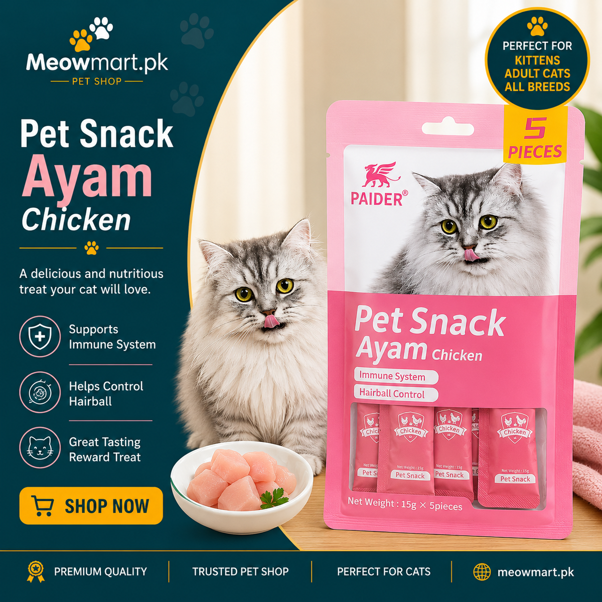PAIDER Pet Snack Chicken Flavor – Creamy Lickable Cat Treats | Hairball Control & Immune Support (15g x 5 Pieces)
